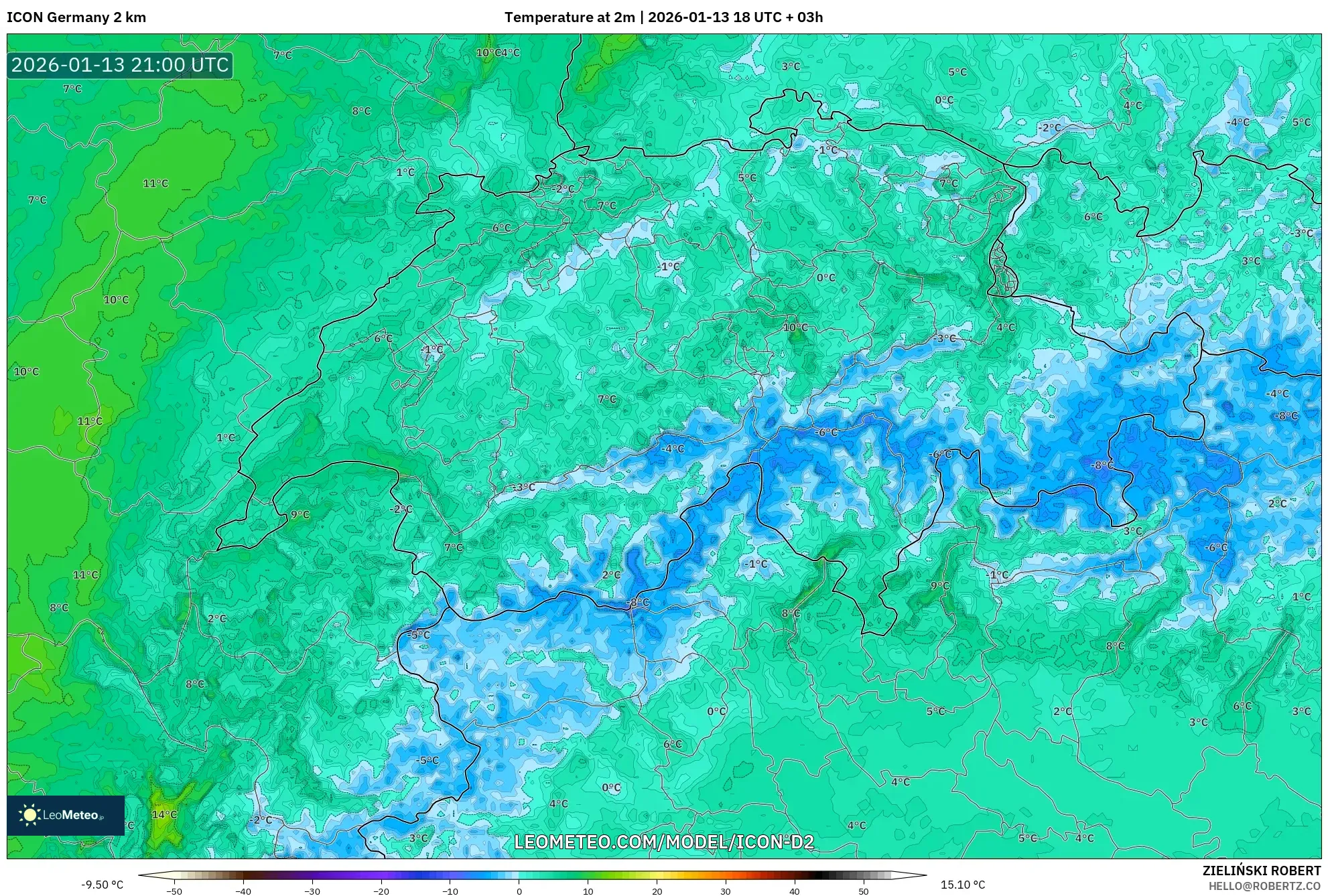 ICON Germany 2 km model - Switzerland, Temperature at 2m