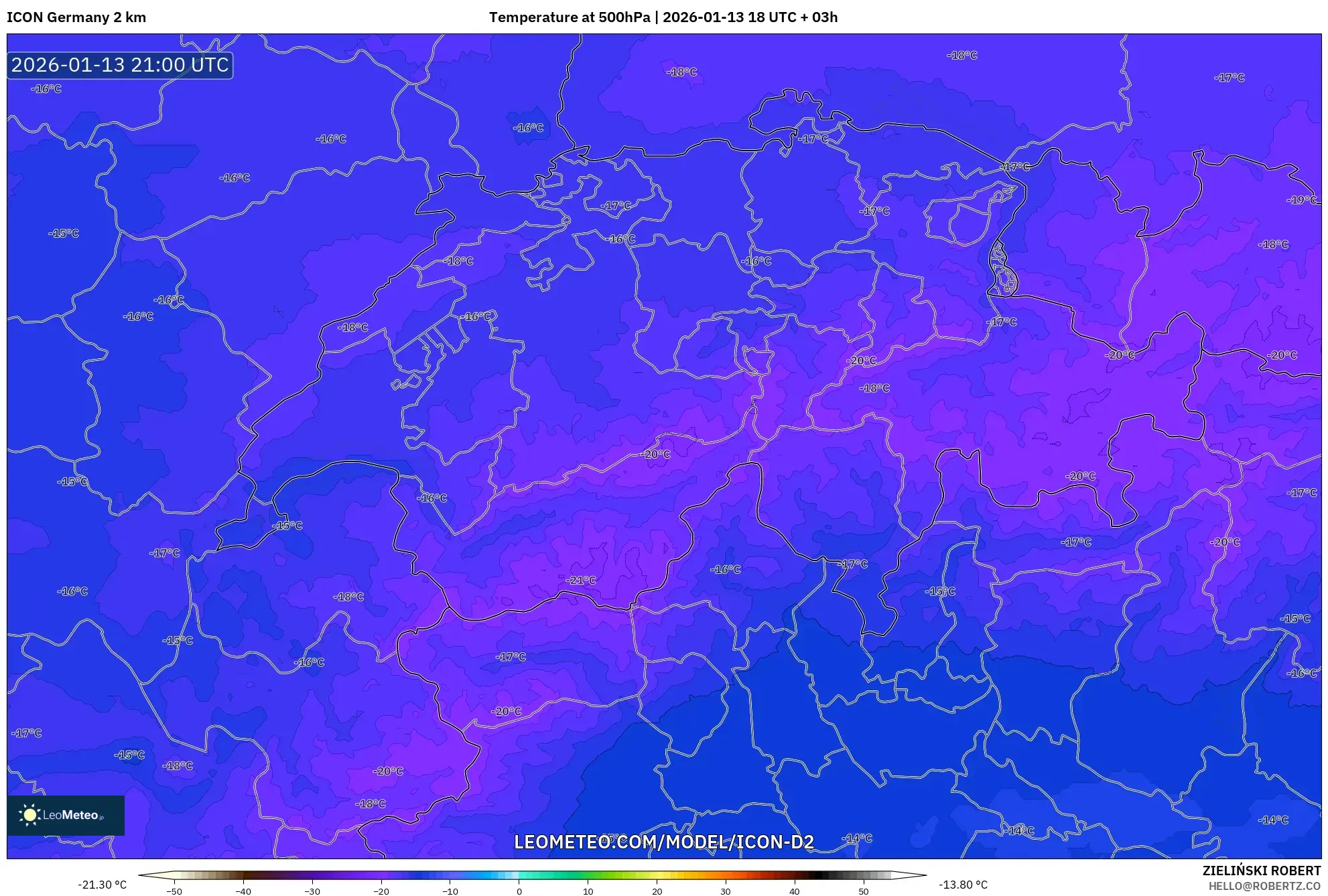 ICON Germany 2 km model - Switzerland, Temperature at 500hPa