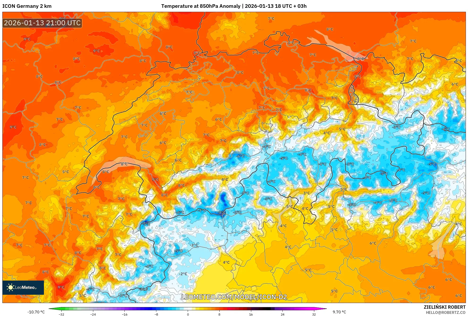 ICON Germany 2 km model - Switzerland, Temperature at 850hPa Anomaly