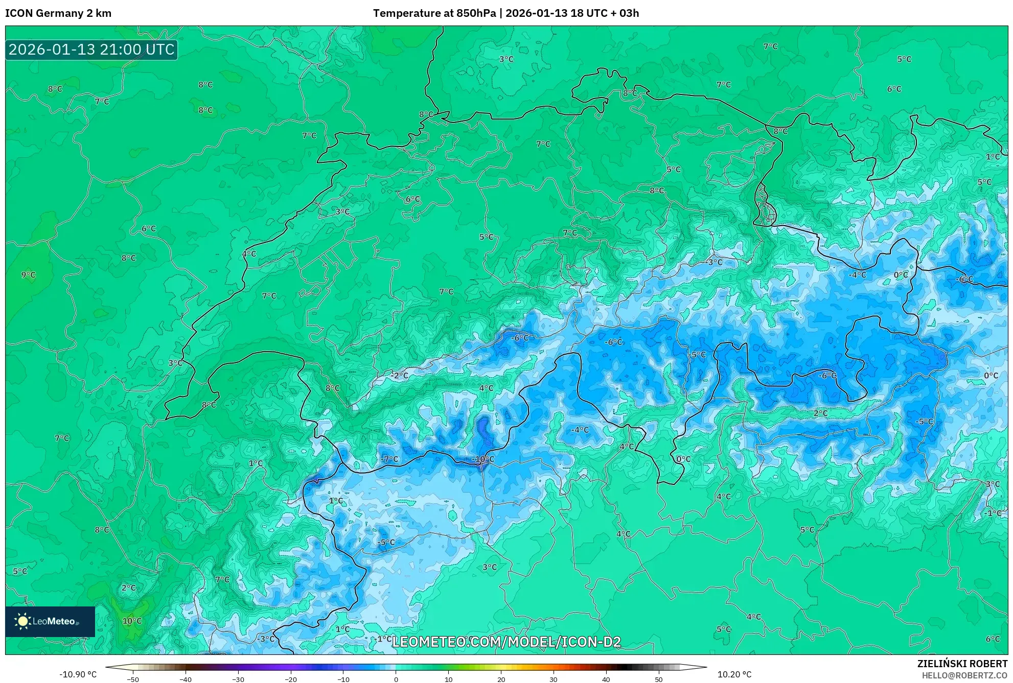 ICON Germany 2 km model - Switzerland, Temperature at 850hPa