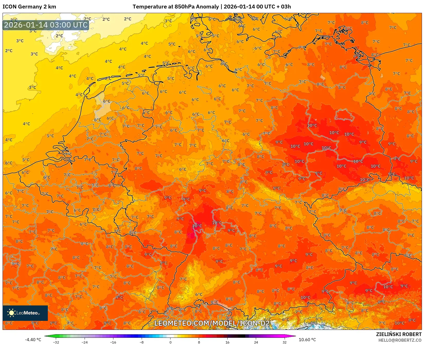 ICON Germany 2 km model - Germany, Temperature at 850hPa Anomaly