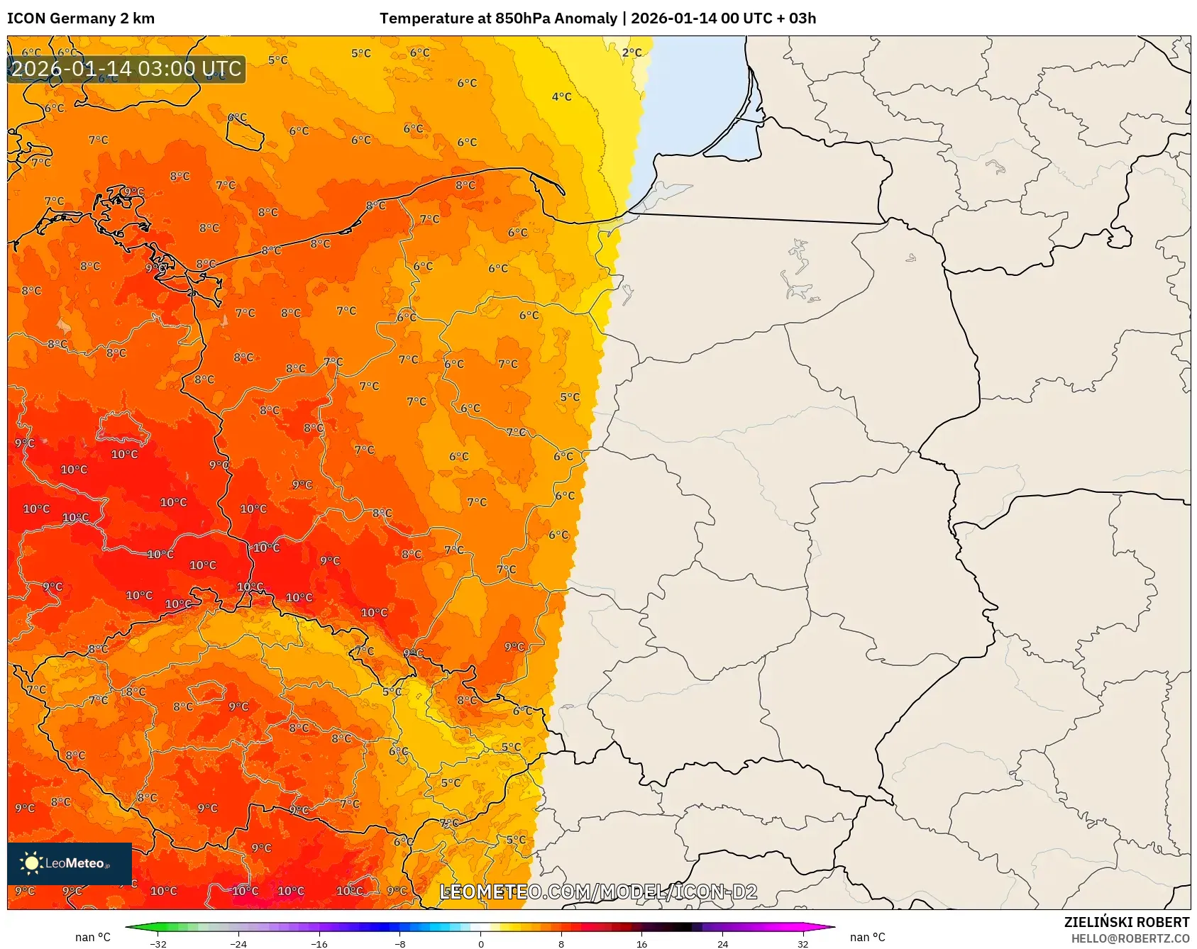 ICON Germany 2 km model - Poland, Temperature at 850hPa Anomaly