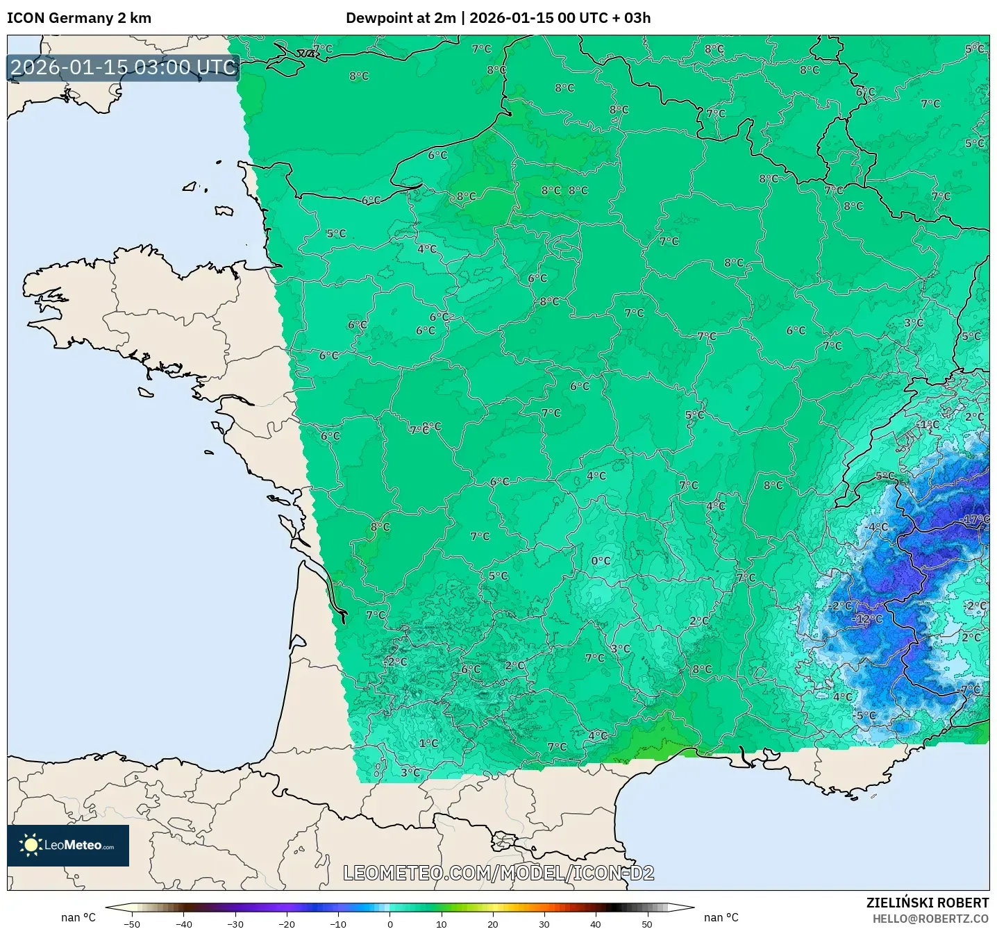 ICON Germany 2 km model - France, Dewpoint at 2m