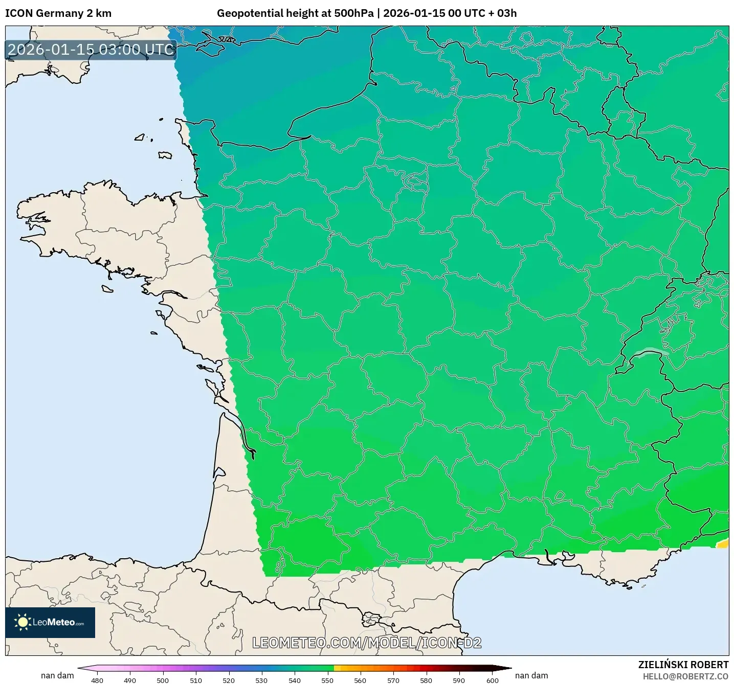 ICON Germany 2 km model - France, Geopotential height at 500hPa