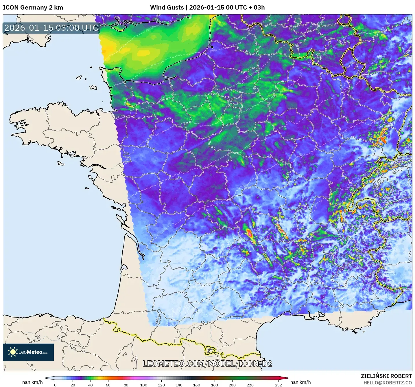 ICON Germany 2 km model - France, Wind Gusts