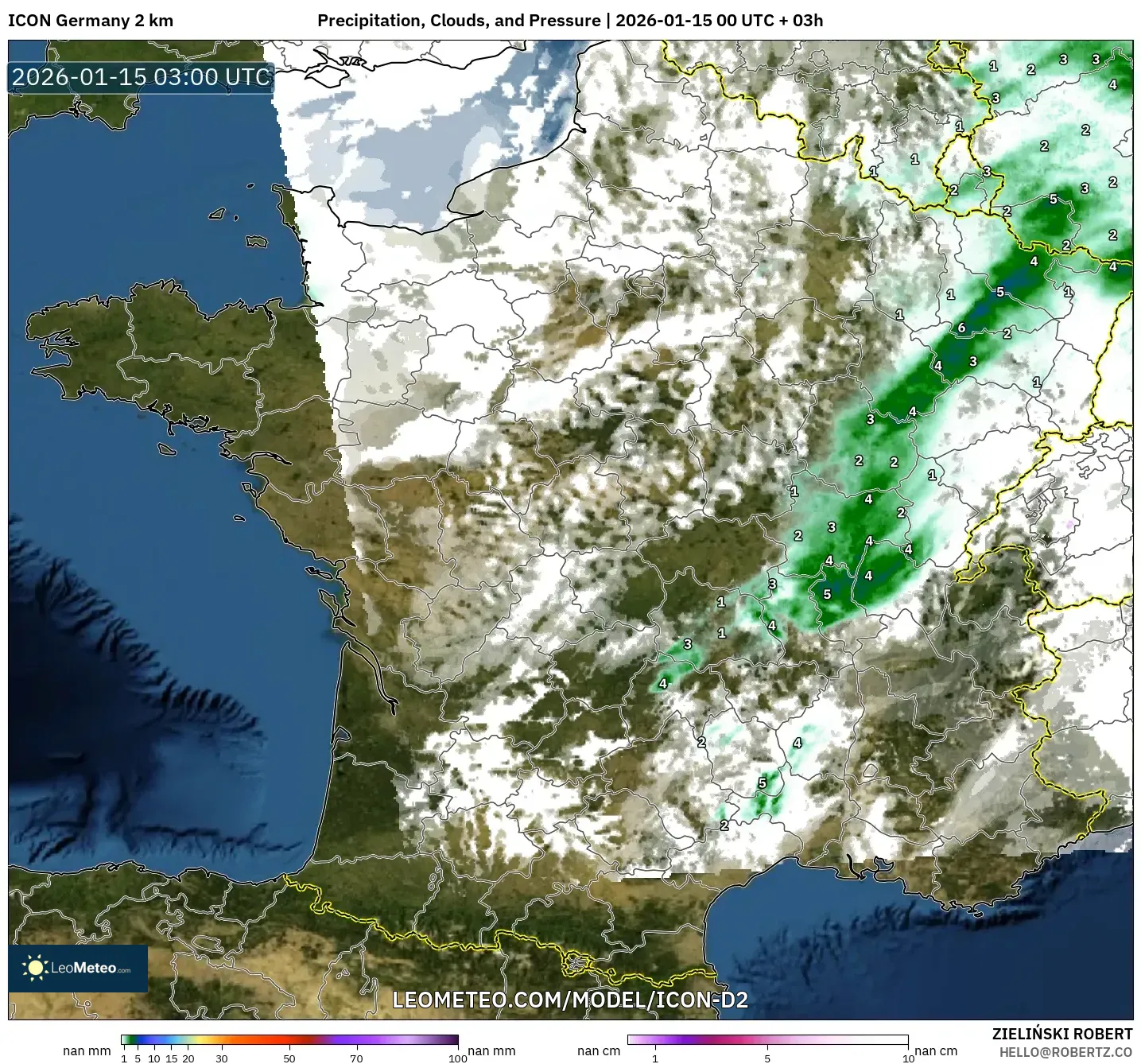 ICON Germany 2 km model - France, Precipitation, Clouds, and Pressure