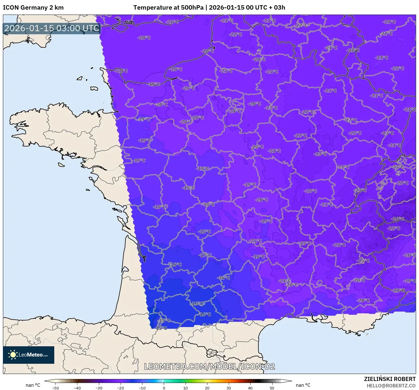 ICON Germany 2 km model - France, Temperature at 500hPa