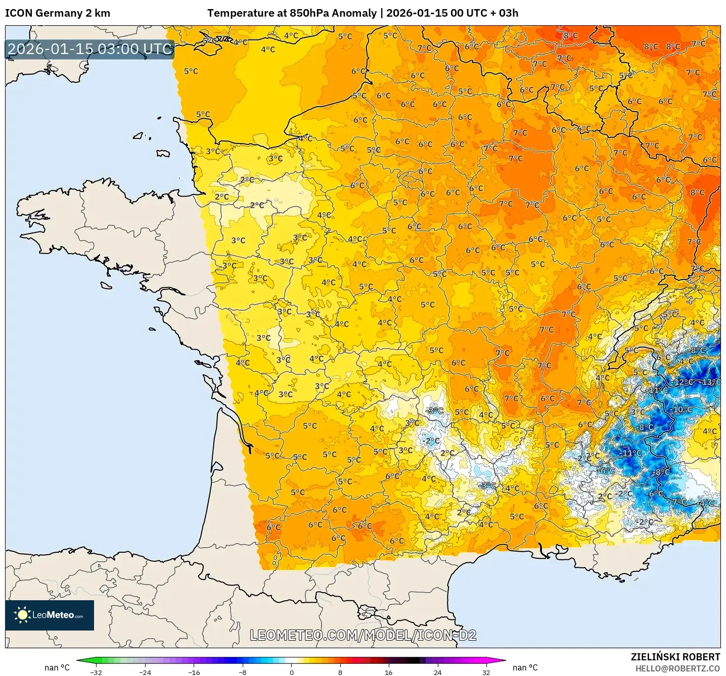 ICON Germany 2 km model - France, Temperature at 850hPa Anomaly
