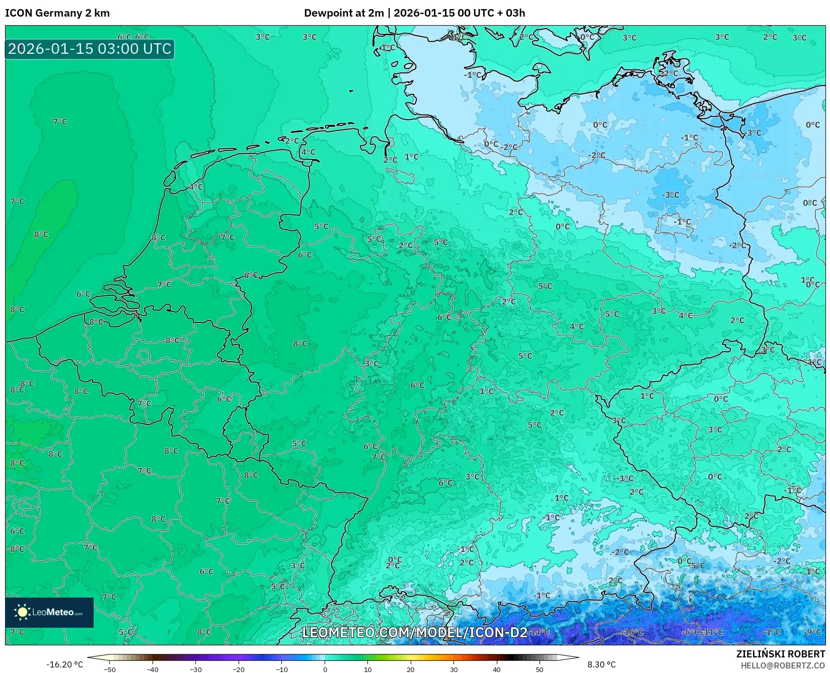 ICON Germany 2 km model - Germany, Dewpoint at 2m