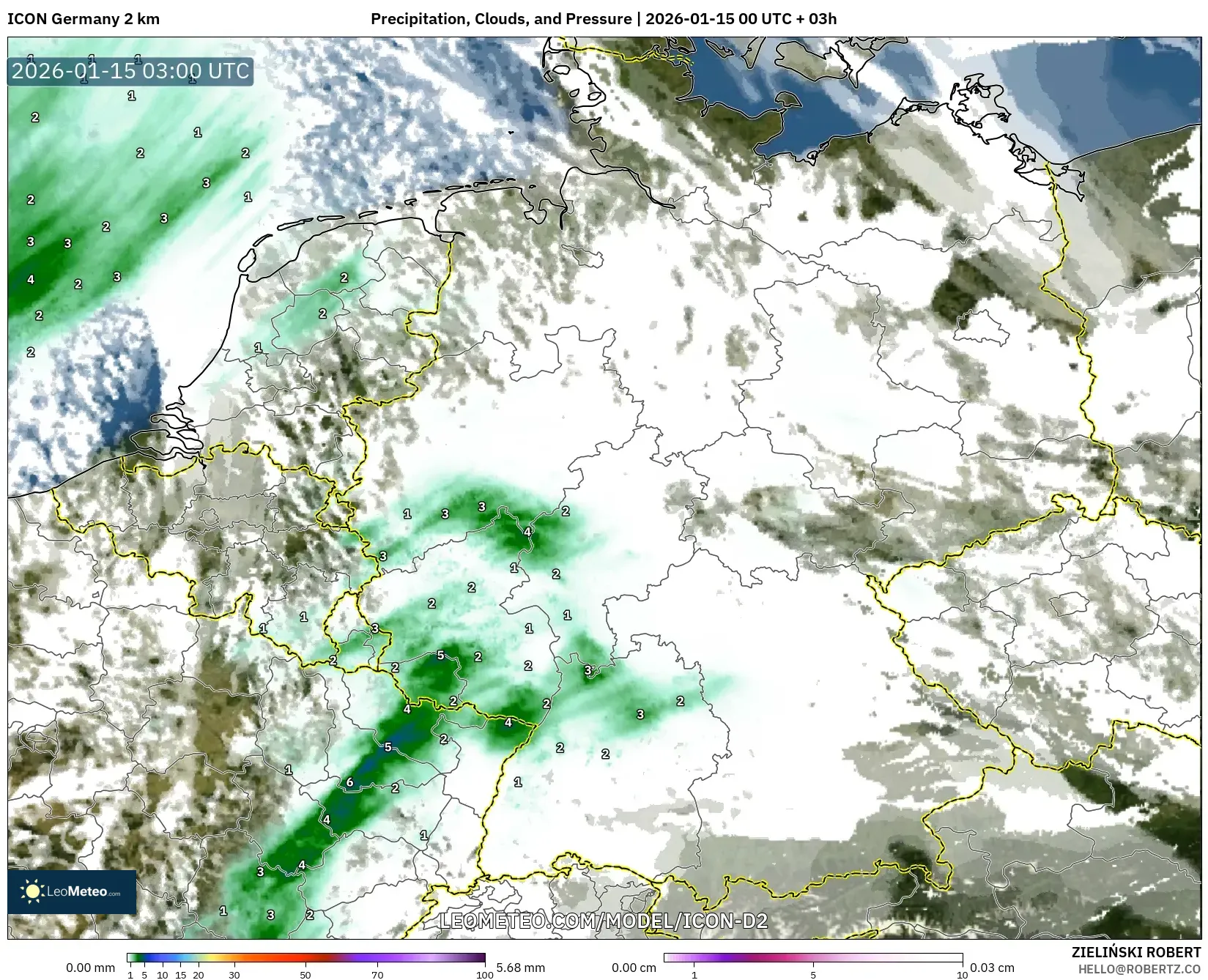ICON Germany 2 km model - Germany, Precipitation, Clouds, and Pressure