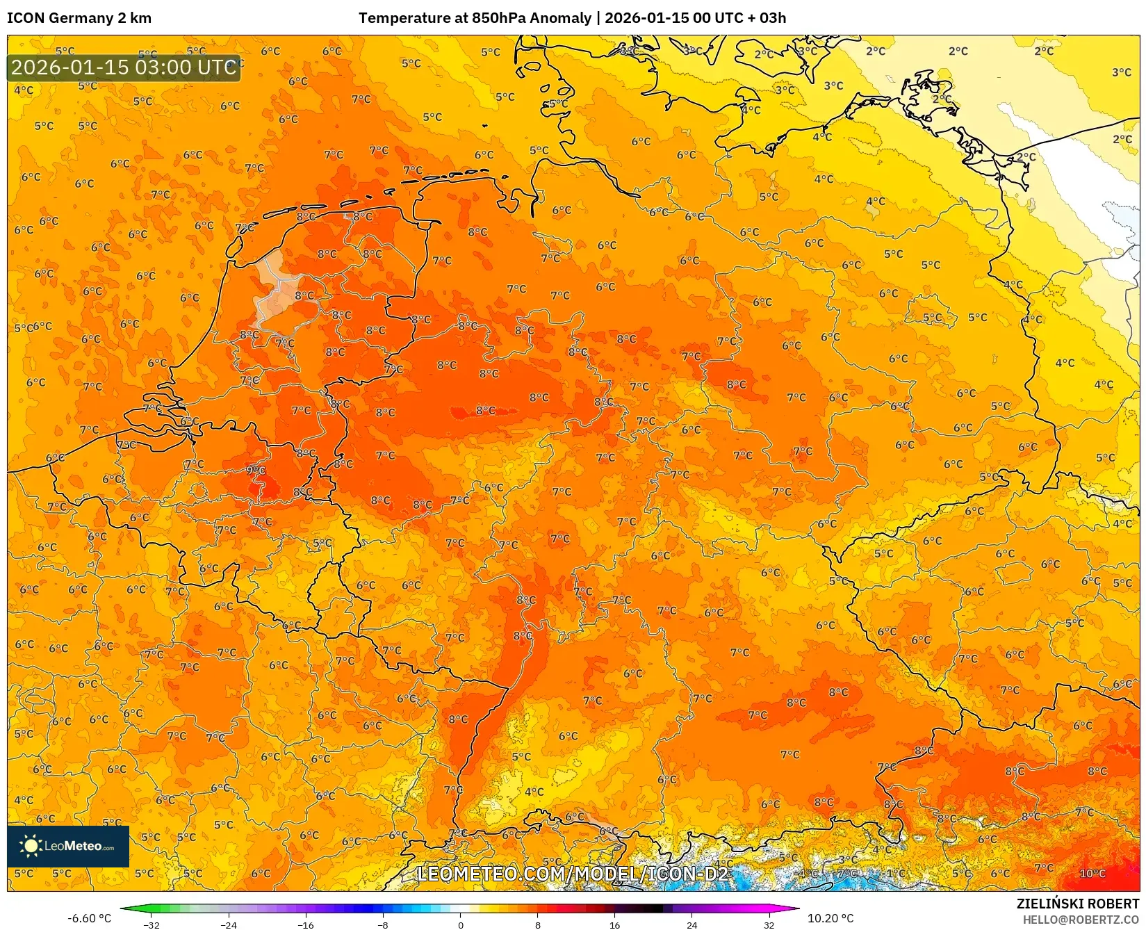 ICON Germany 2 km model - Germany, Temperature at 850hPa Anomaly