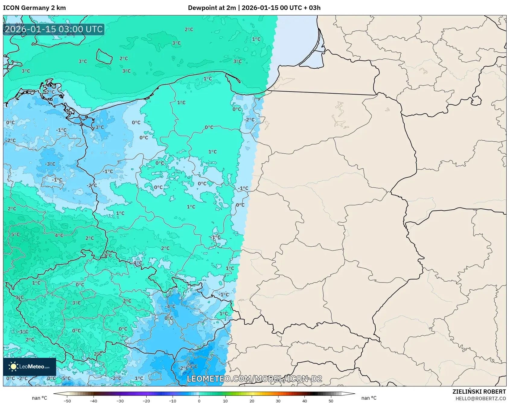 ICON Germany 2 km model - Poland, Dewpoint at 2m