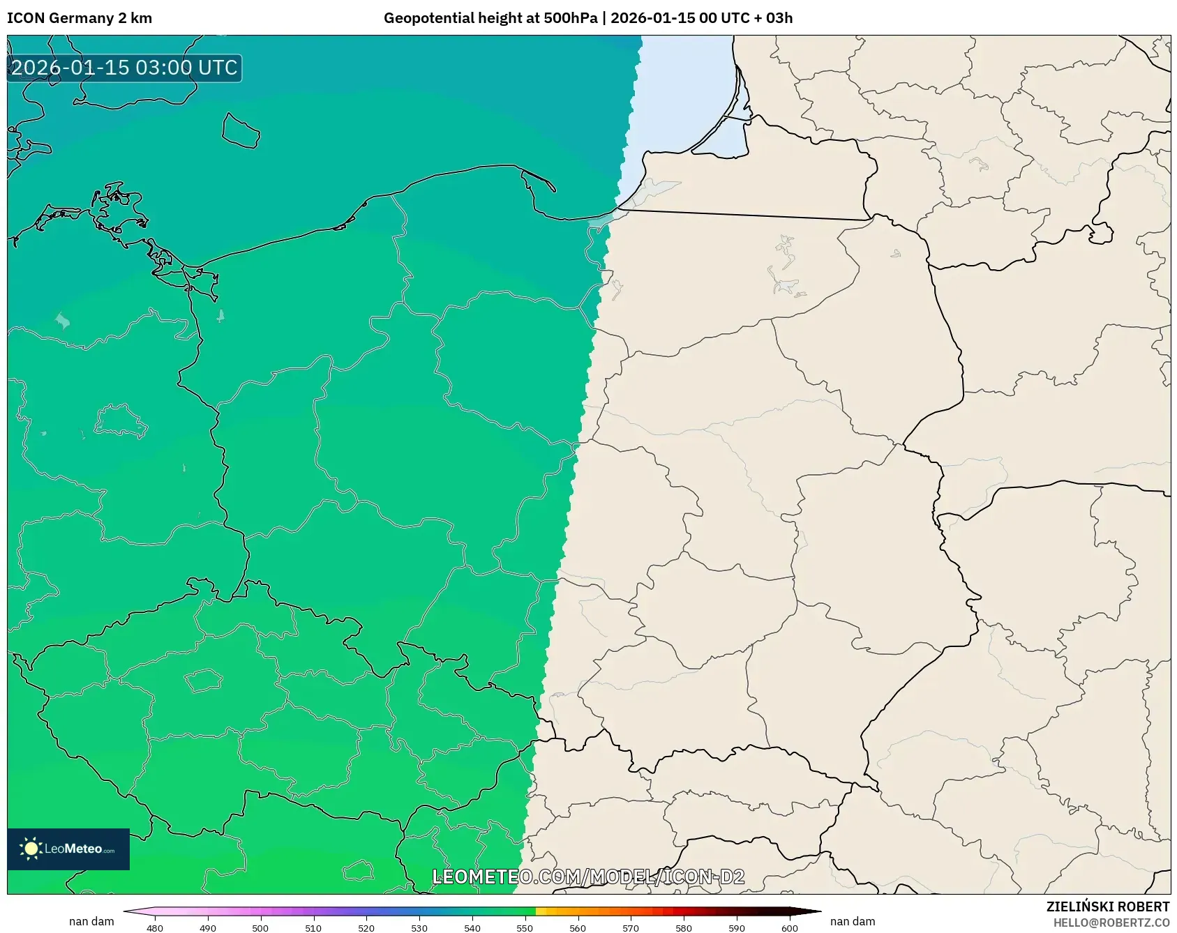 ICON Germany 2 km model - Poland, Geopotential height at 500hPa