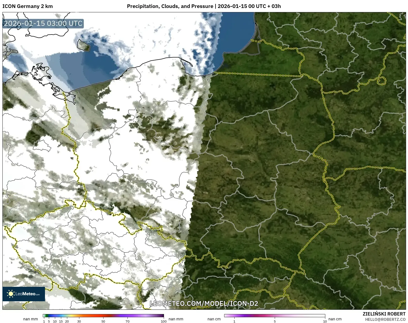 ICON Germany 2 km model - Poland, Precipitation, Clouds, and Pressure