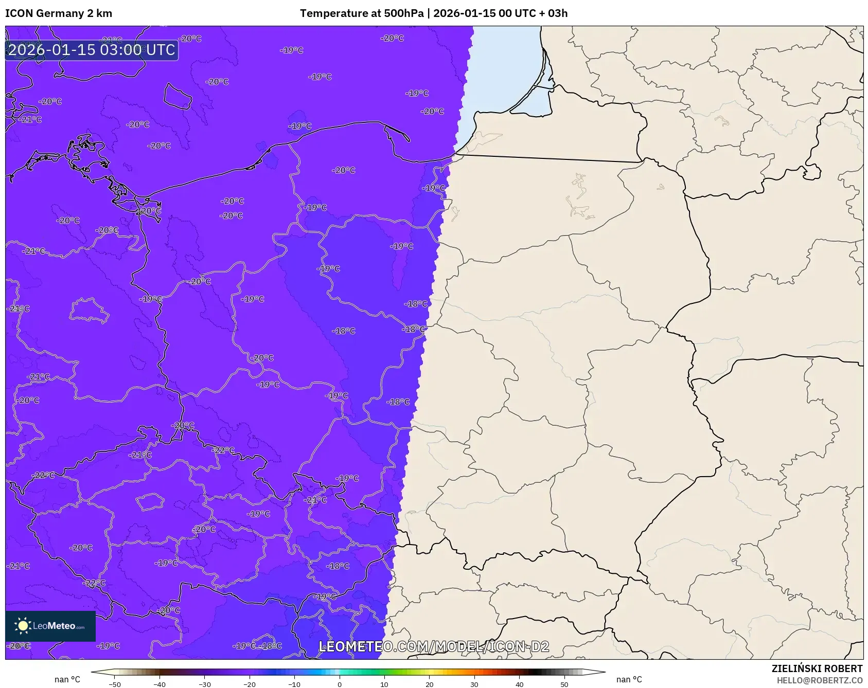 ICON Germany 2 km model - Poland, Temperature at 500hPa