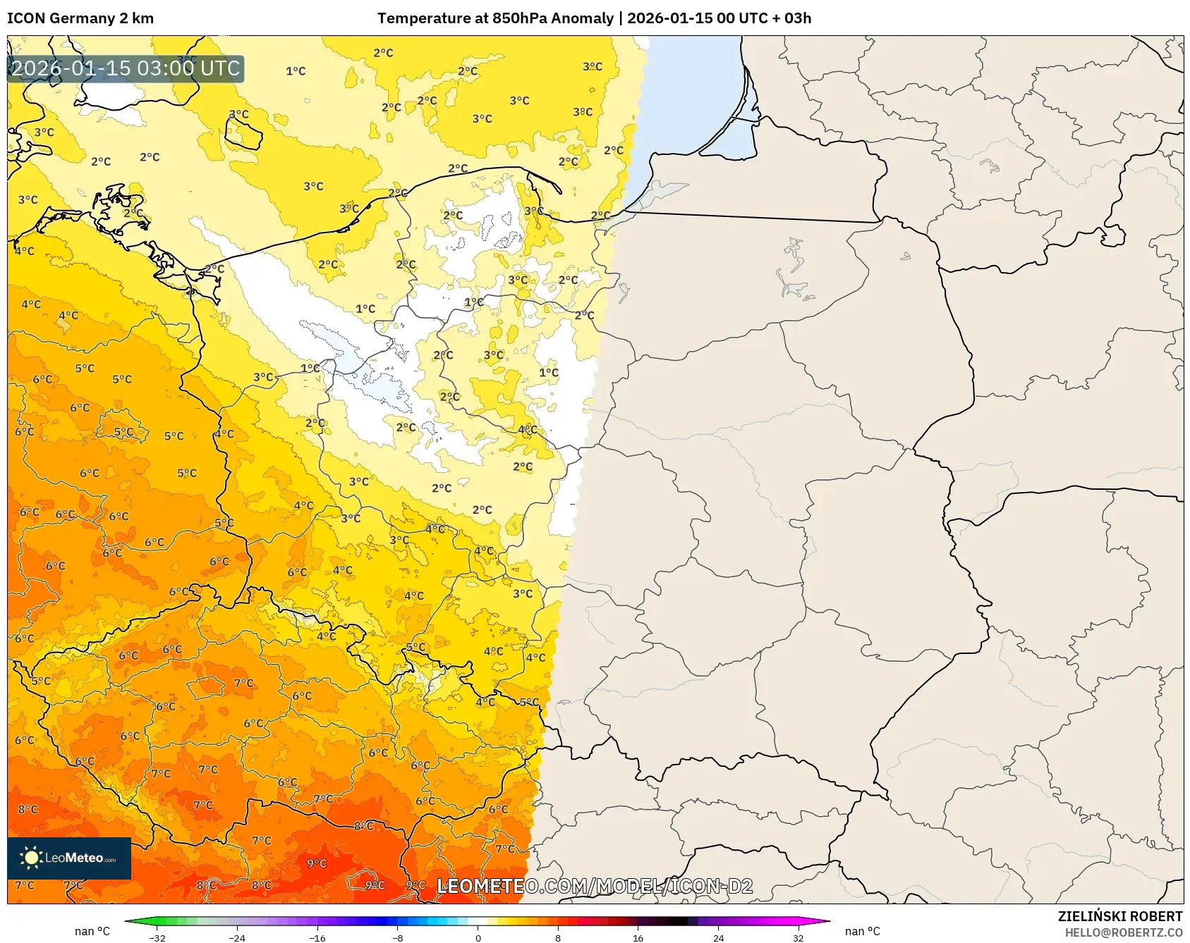 ICON Germany 2 km model - Poland, Temperature at 850hPa Anomaly