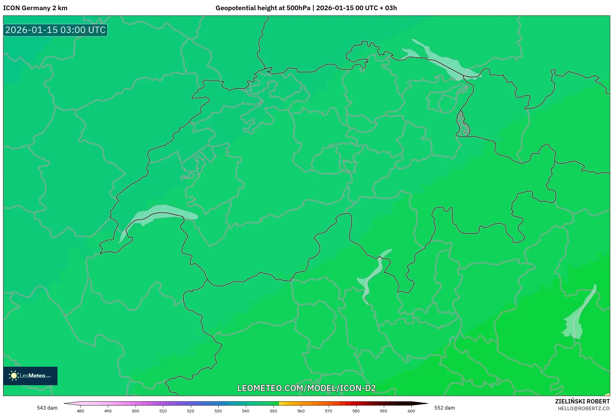 ICON Germany 2 km model - Switzerland, Geopotential height at 500hPa