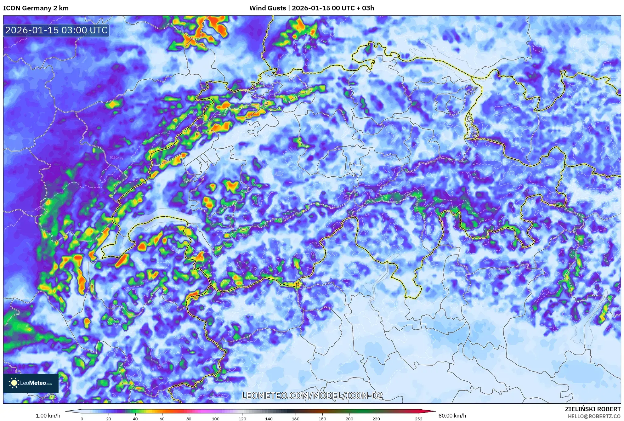 ICON Germany 2 km model - Switzerland, Wind Gusts