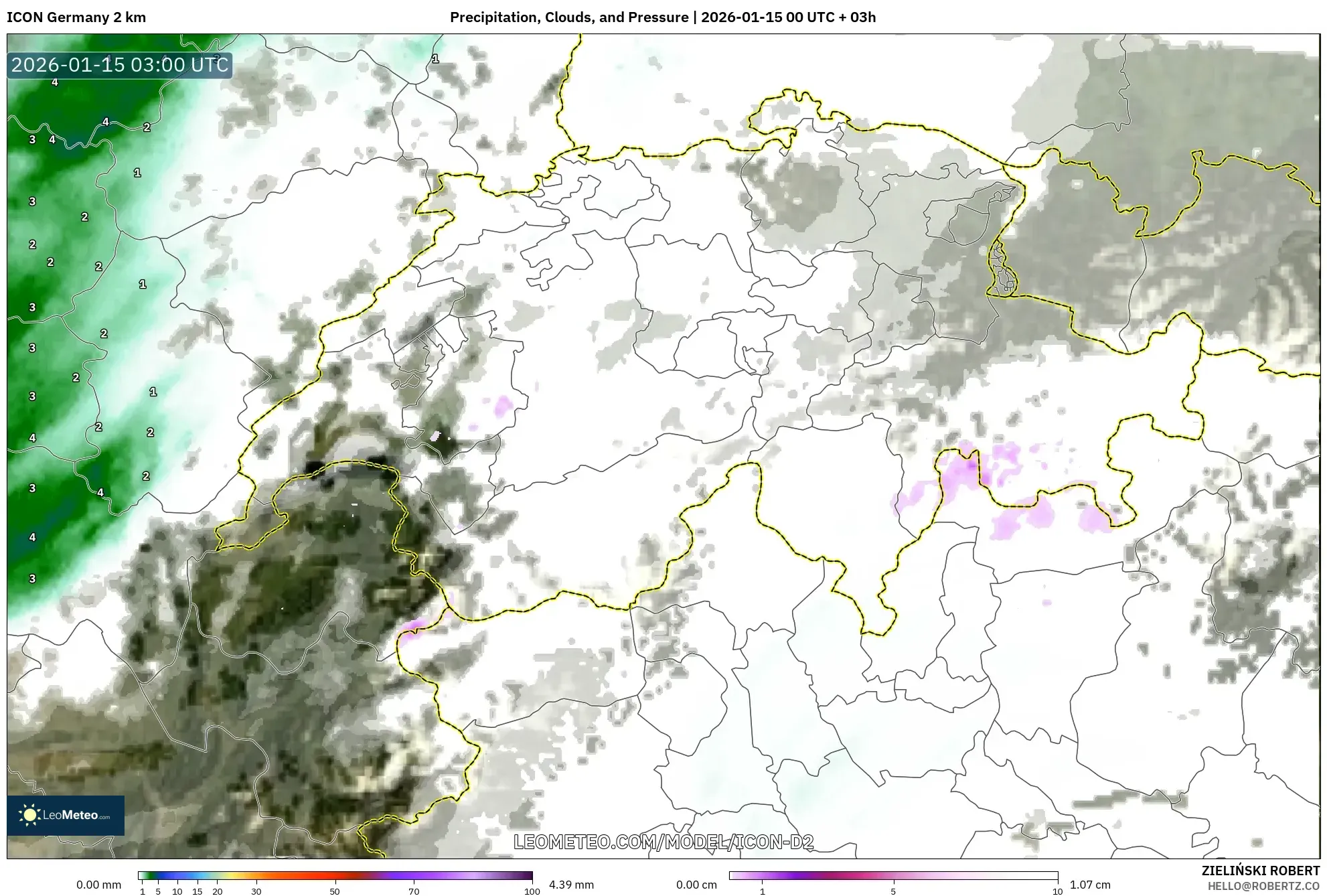 ICON Germany 2 km model - Switzerland, Precipitation, Clouds, and Pressure