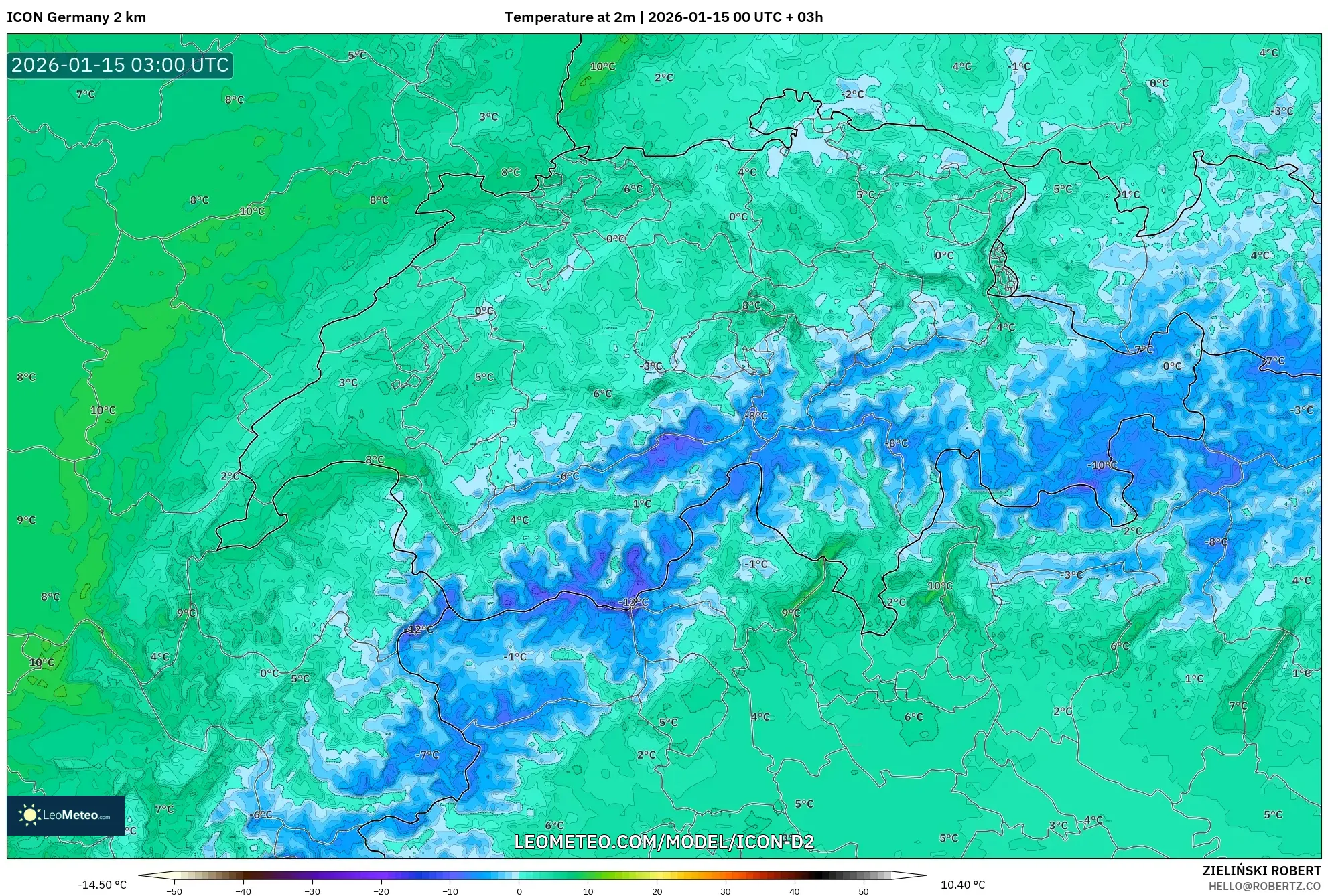 ICON Germany 2 km model - Switzerland, Temperature at 2m