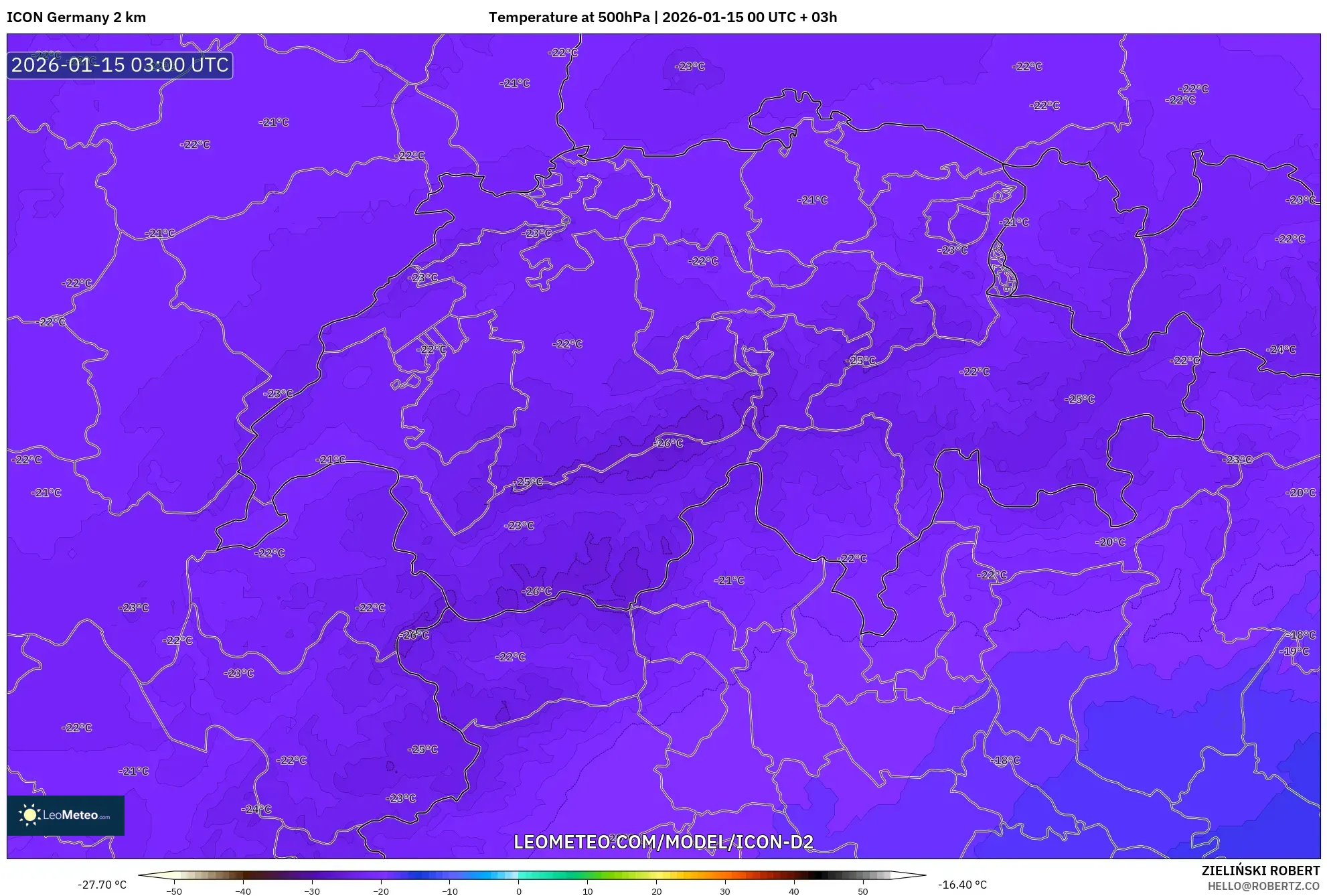ICON Germany 2 km model - Switzerland, Temperature at 500hPa