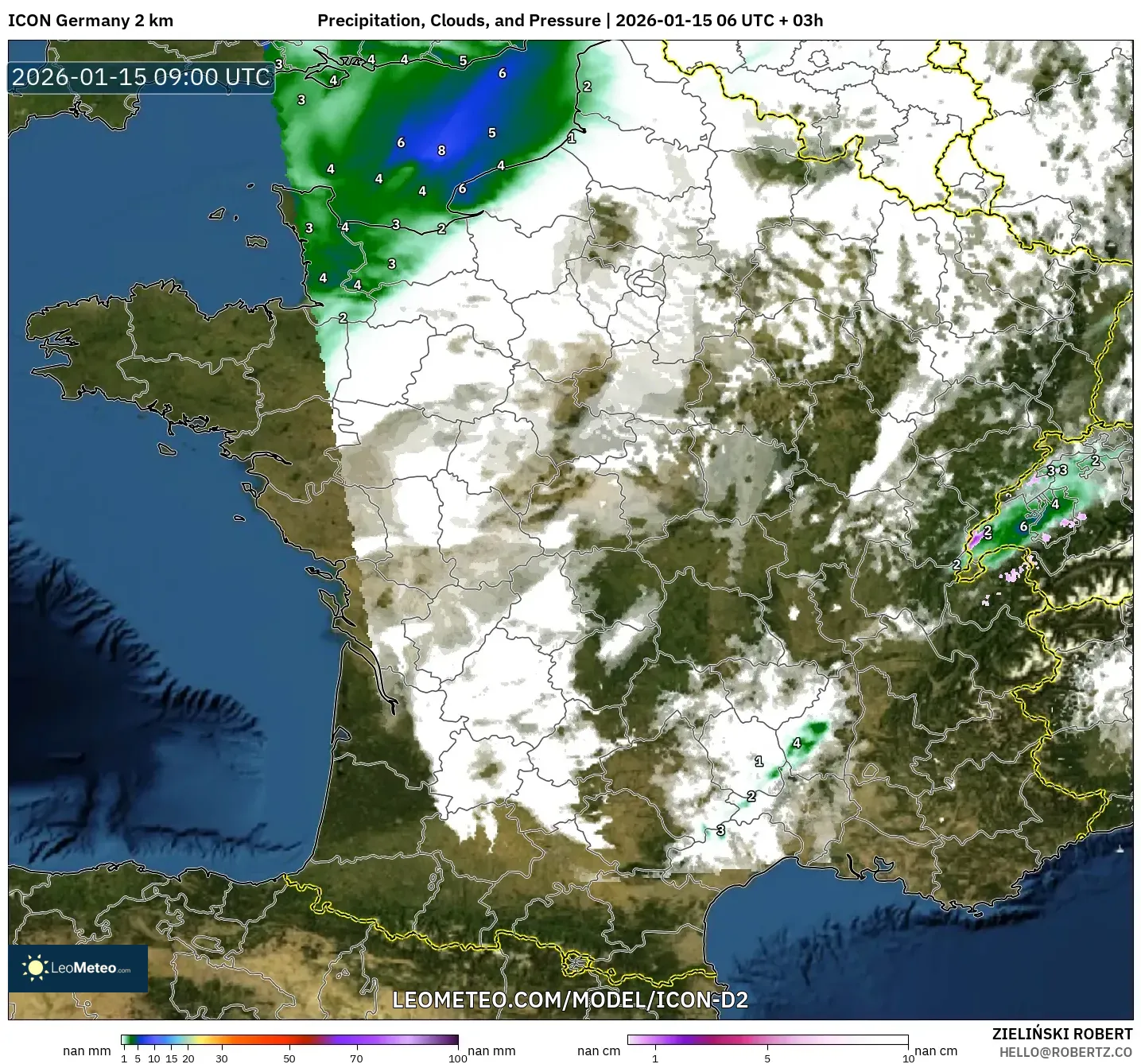 ICON Germany 2 km model - France, Precipitation, Clouds, and Pressure