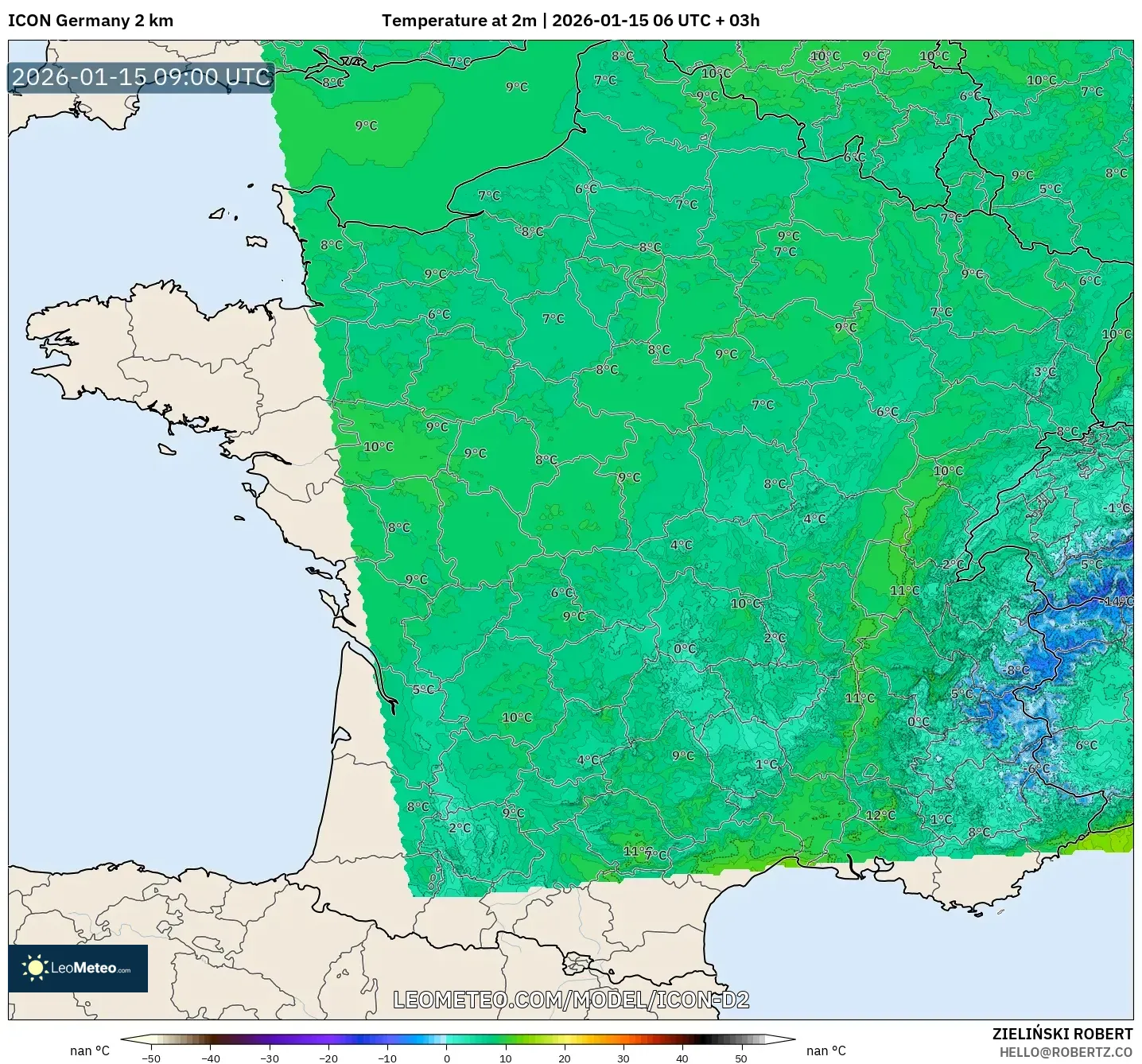 ICON Germany 2 km model - France, Temperature at 2m