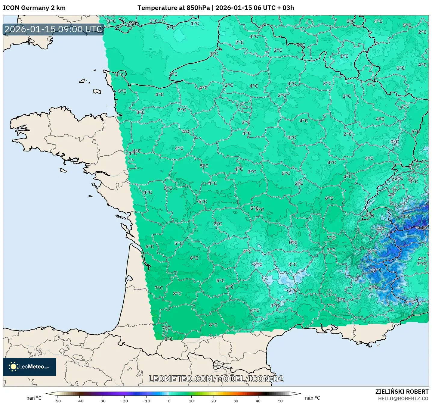 ICON Germany 2 km model - France, Temperature at 850hPa
