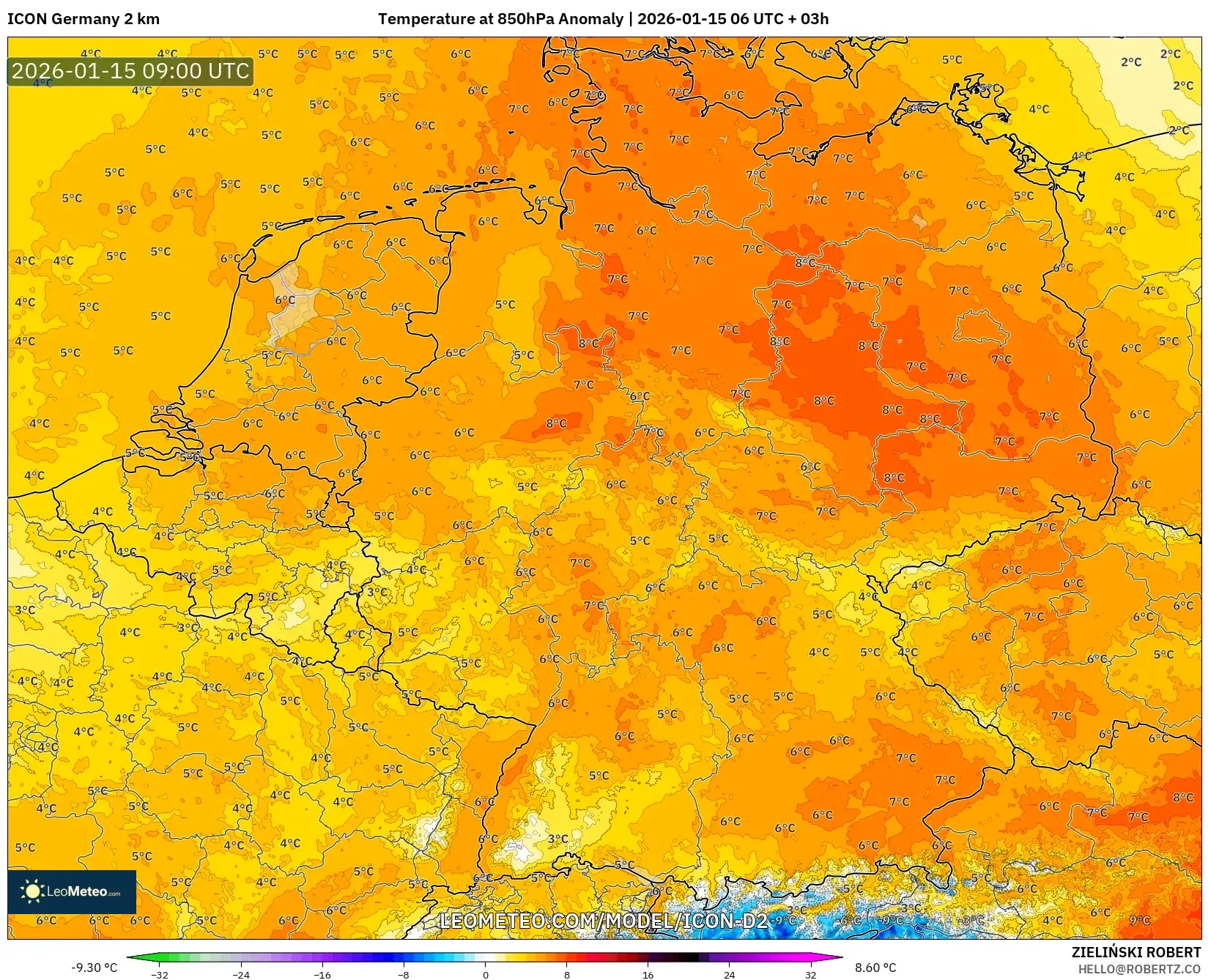 ICON Germany 2 km model - Germany, Temperature at 850hPa Anomaly