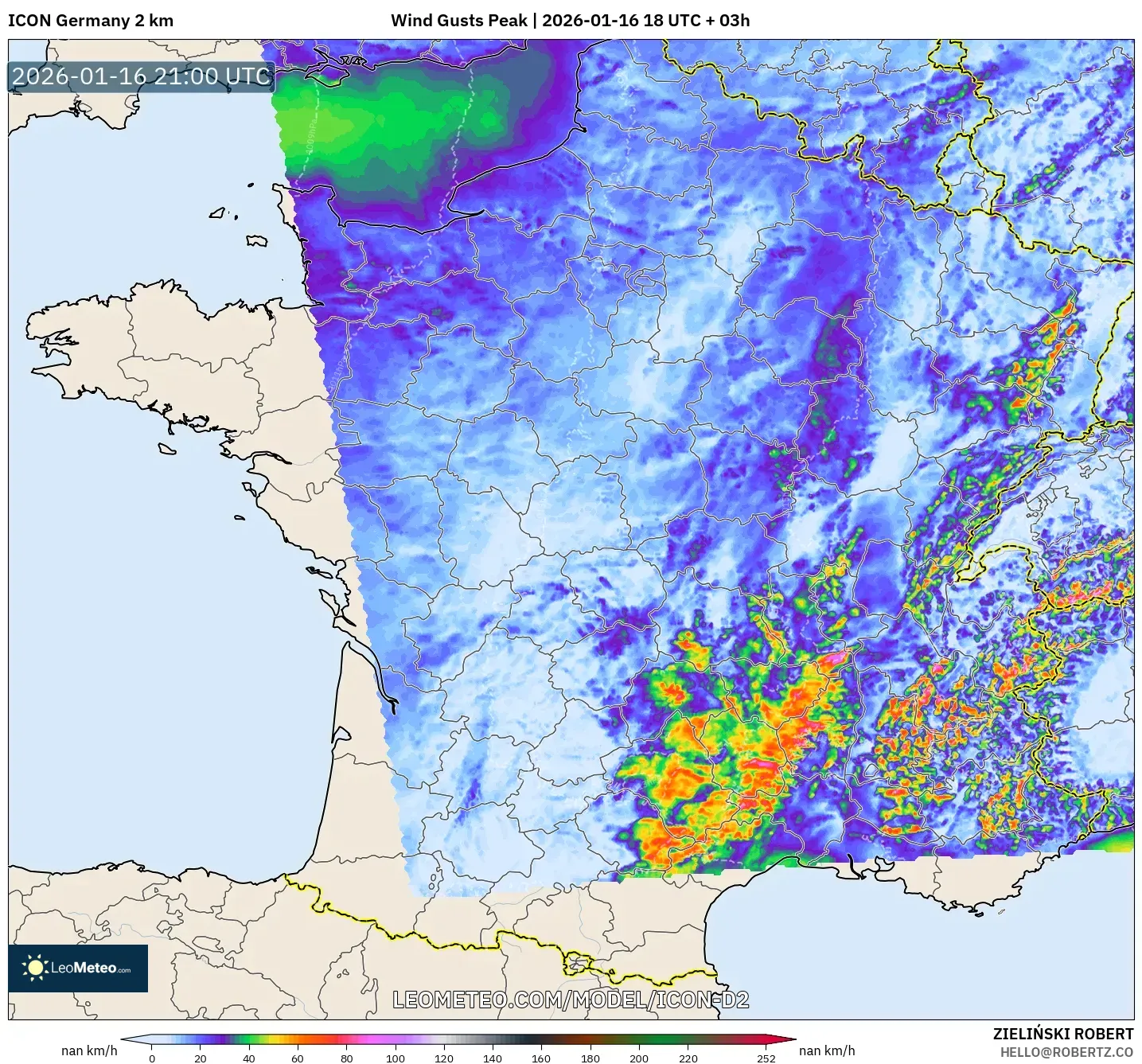 ICON Germany 2 km model - France, Wind Gusts Peak