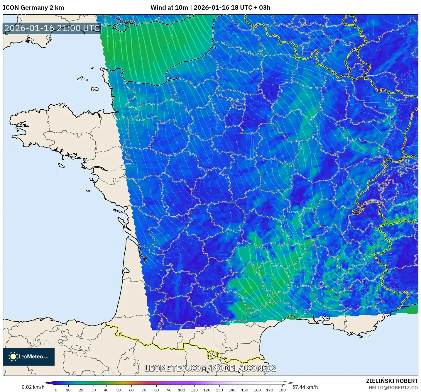 ICON Germany 2 km model - France, Wind at 10m
