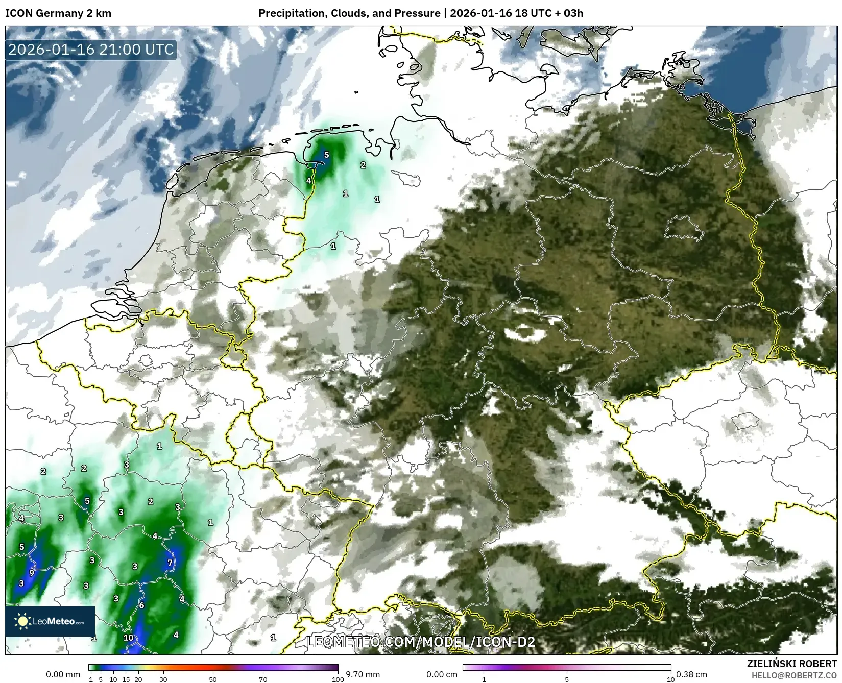 ICON Germany 2 km model - Germany, Precipitation, Clouds, and Pressure