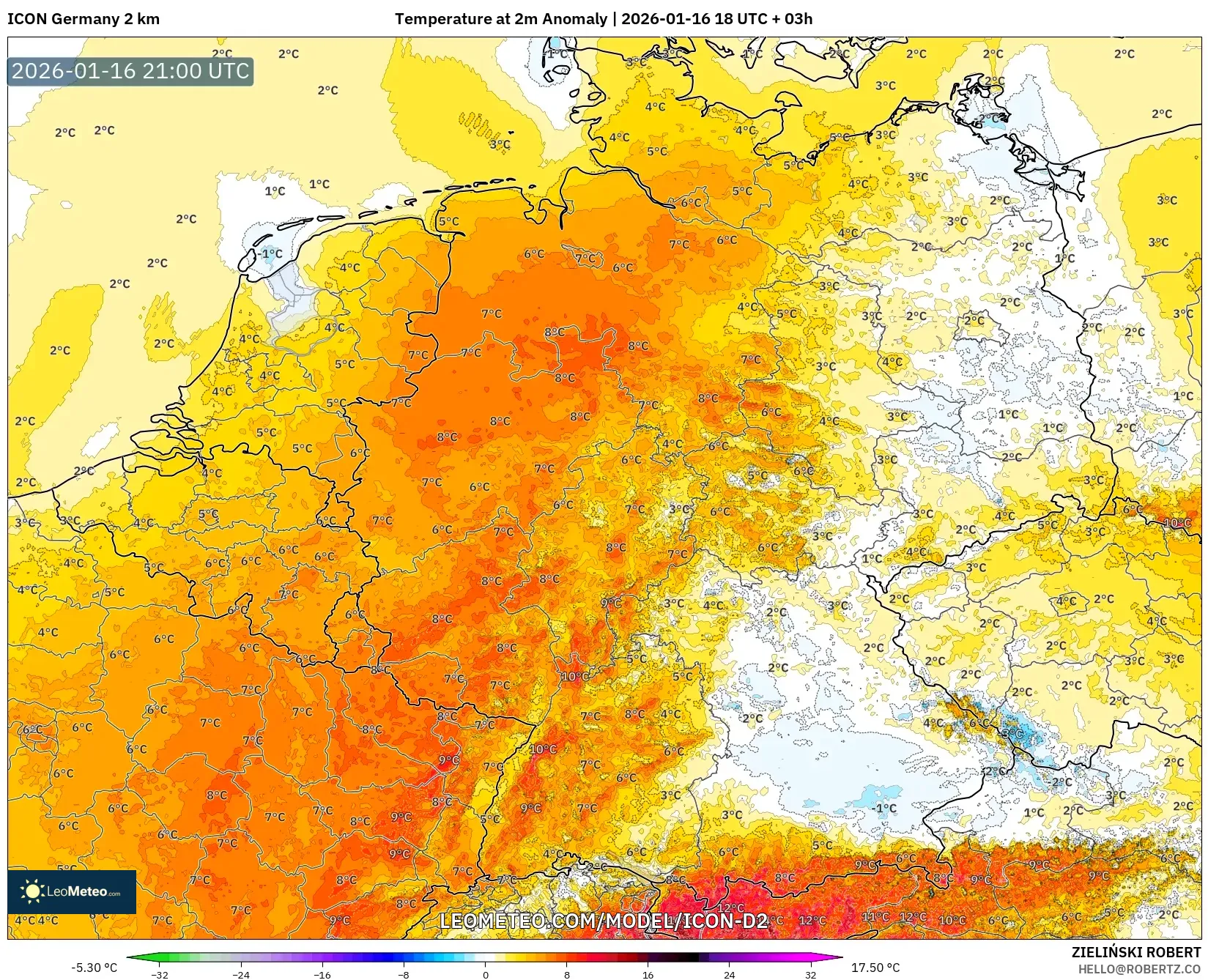 ICON Germany 2 km model - Germany, Temperature at 2m Anomaly