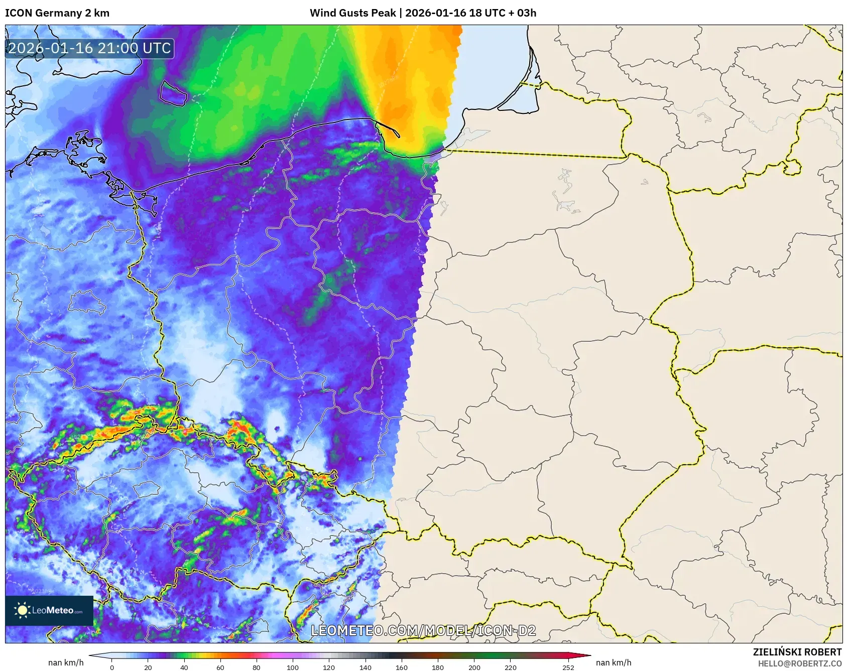 ICON Germany 2 km model - Poland, Wind Gusts Peak