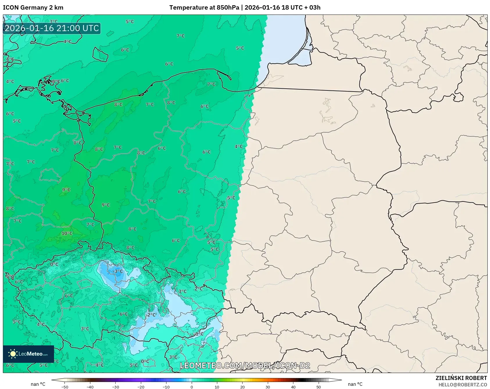 ICON Germany 2 km model - Poland, Temperature at 850hPa
