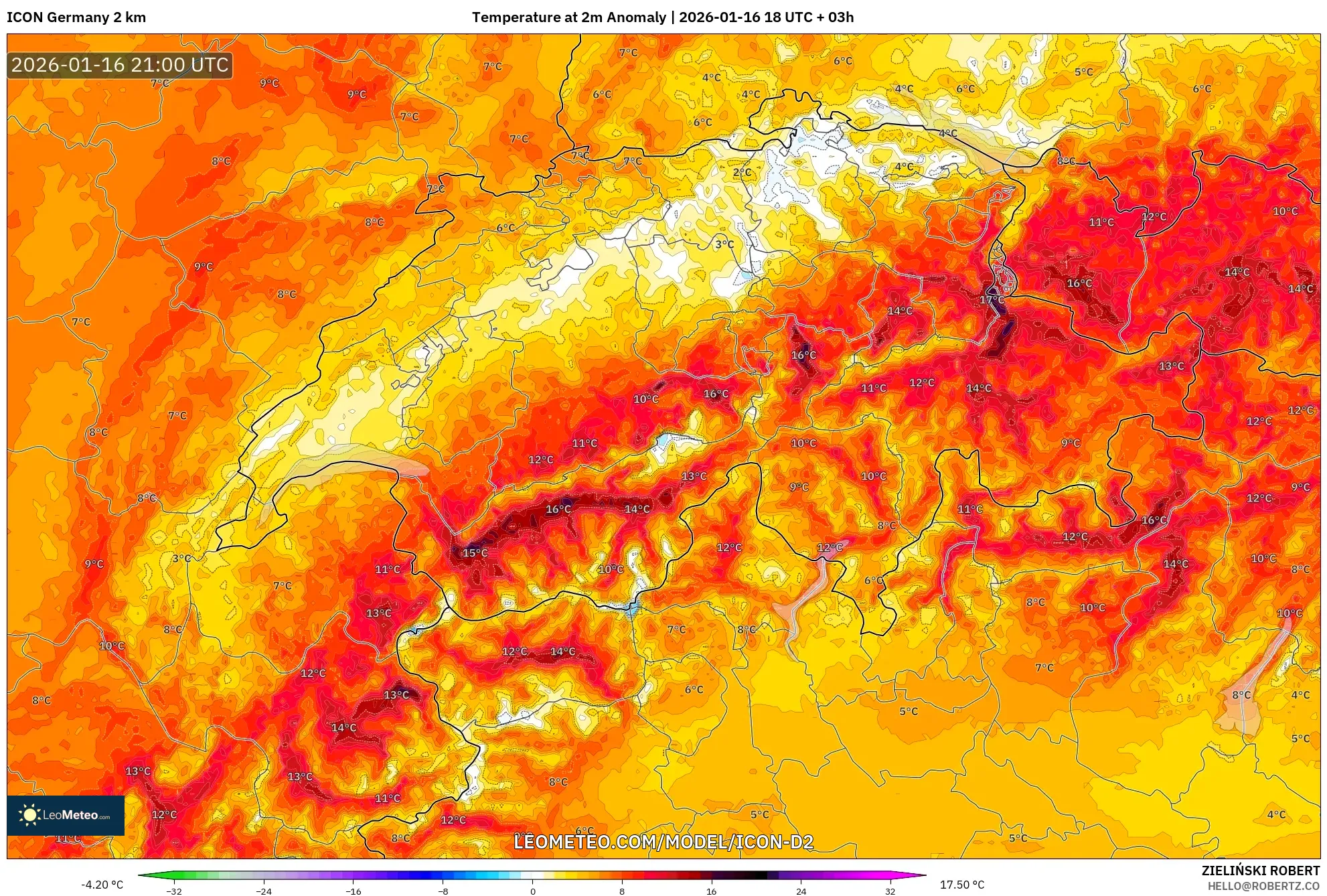 ICON Germany 2 km model - Switzerland, Temperature at 2m Anomaly