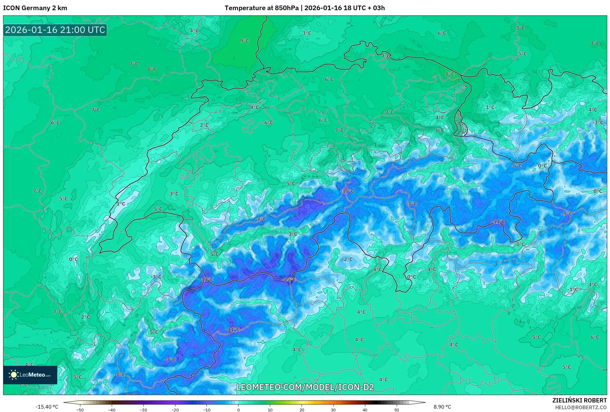 ICON Germany 2 km model - Switzerland, Temperature at 850hPa
