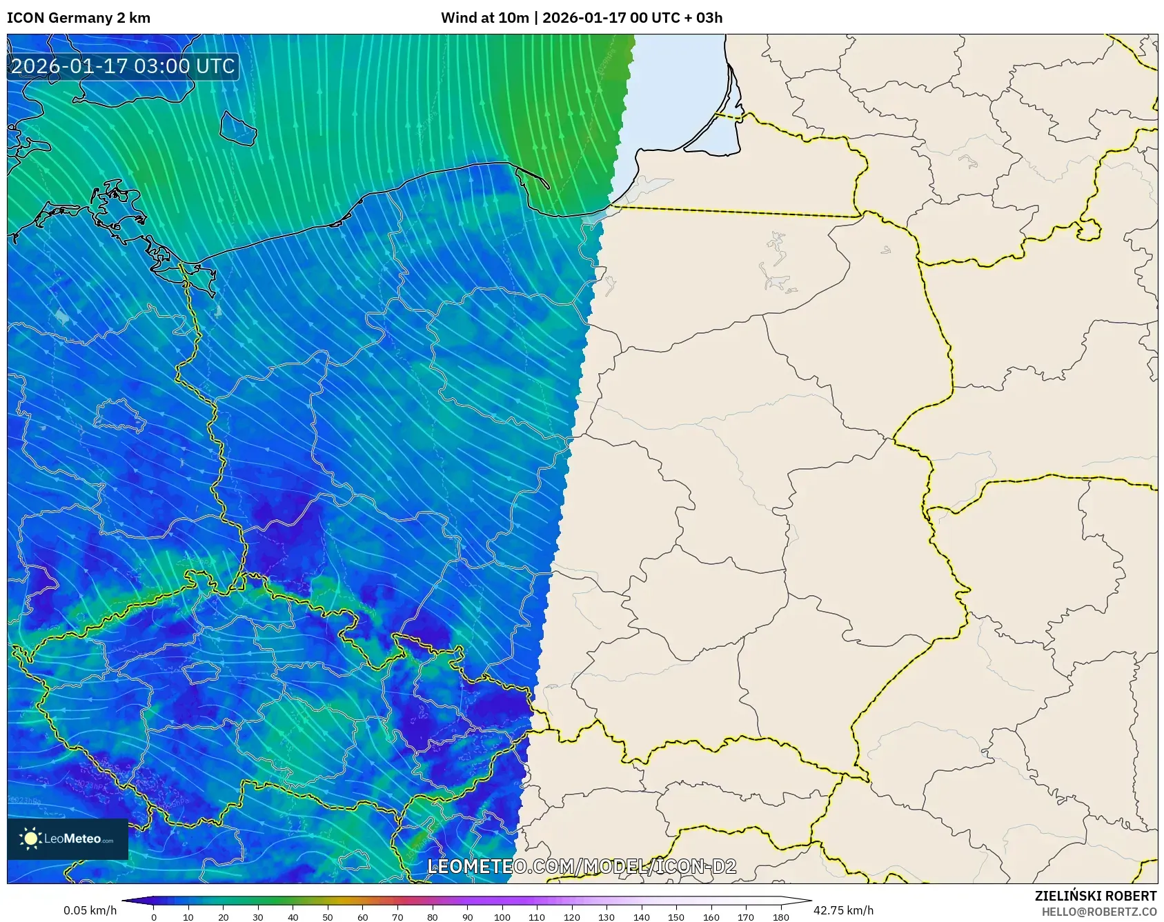 ICON Germany 2 km model - Poland, Wind at 10m