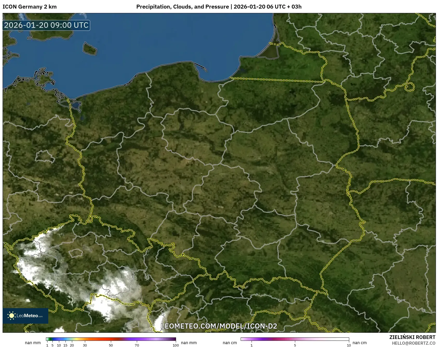 ICON Germany 2 km model - Poland, Precipitation, Clouds, and Pressure