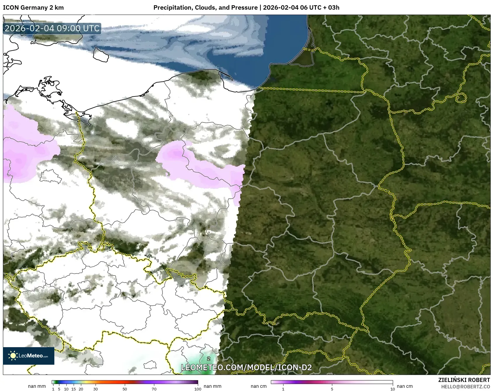 ICON Germany 2 km model - Poland, Precipitation, Clouds, and Pressure