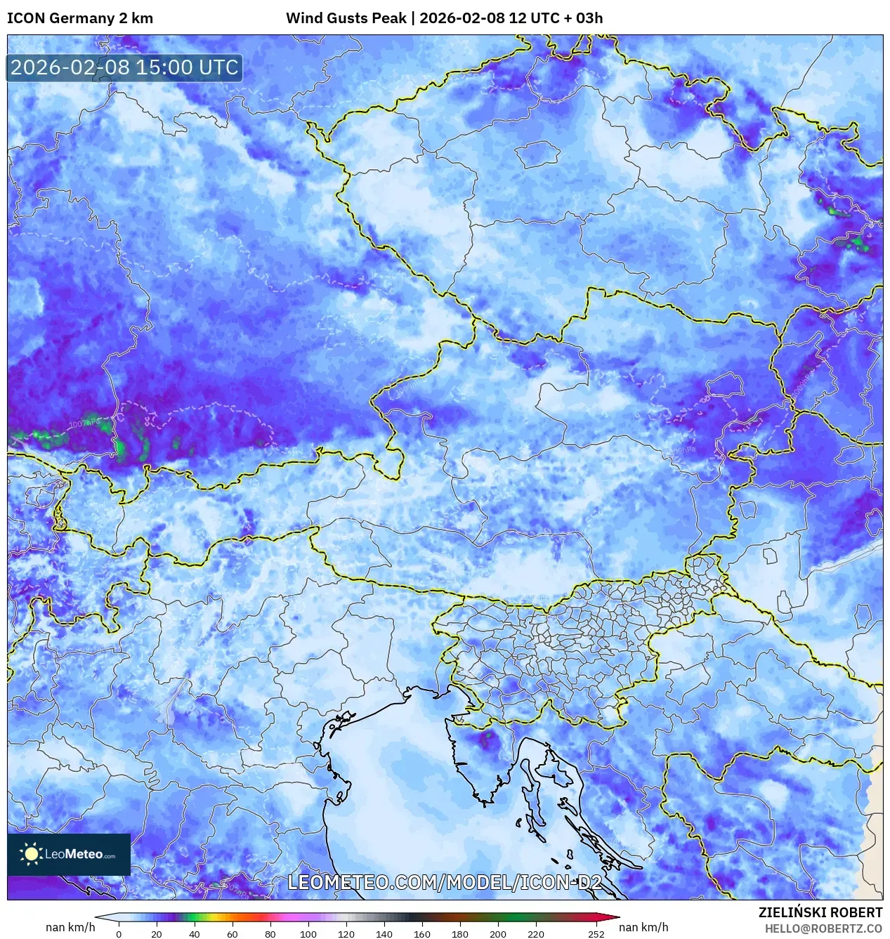 ICON Germany 2 km model - Austria, Wind Gusts Peak
