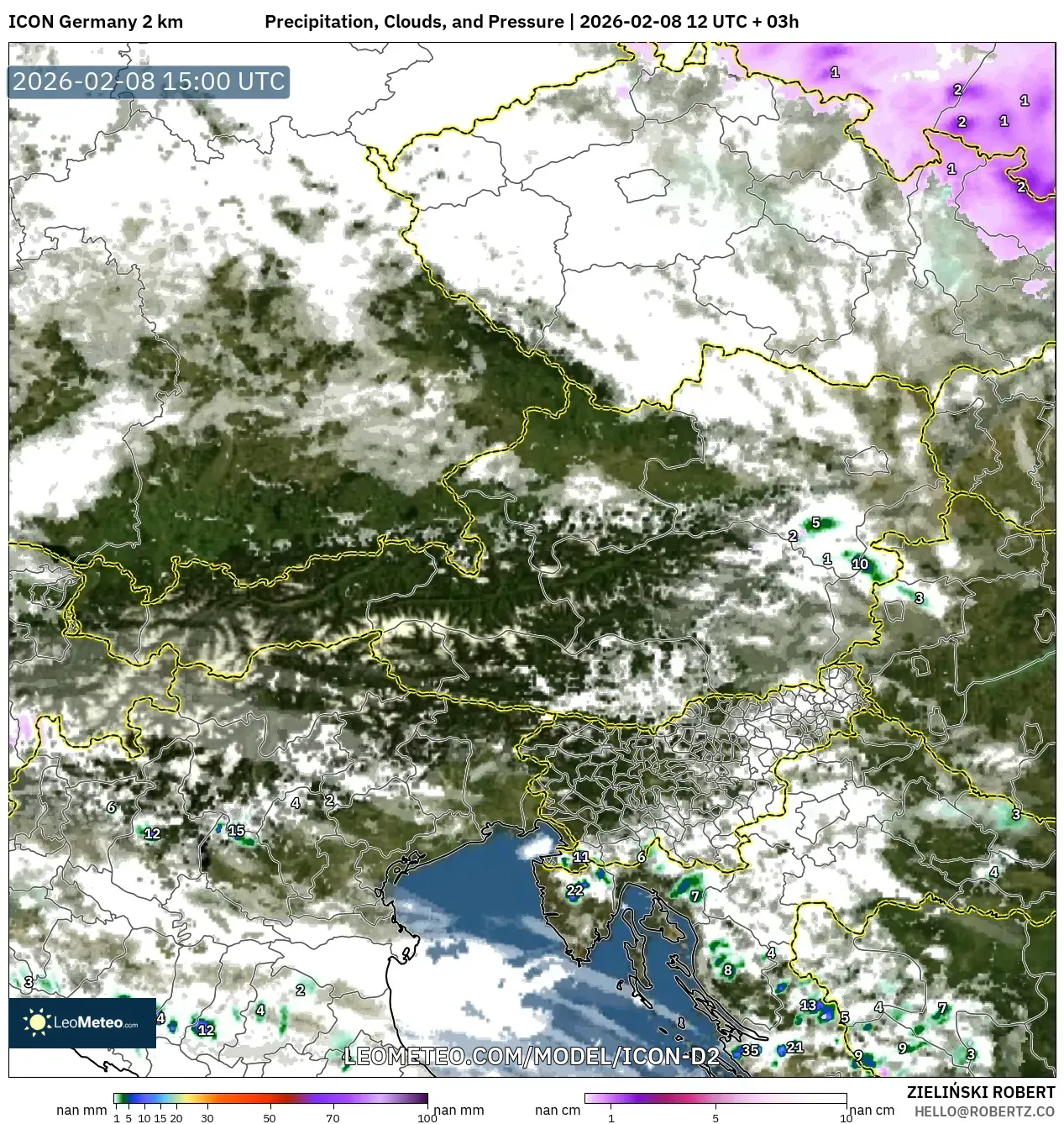 ICON Germany 2 km model - Austria, Precipitation, Clouds, and Pressure