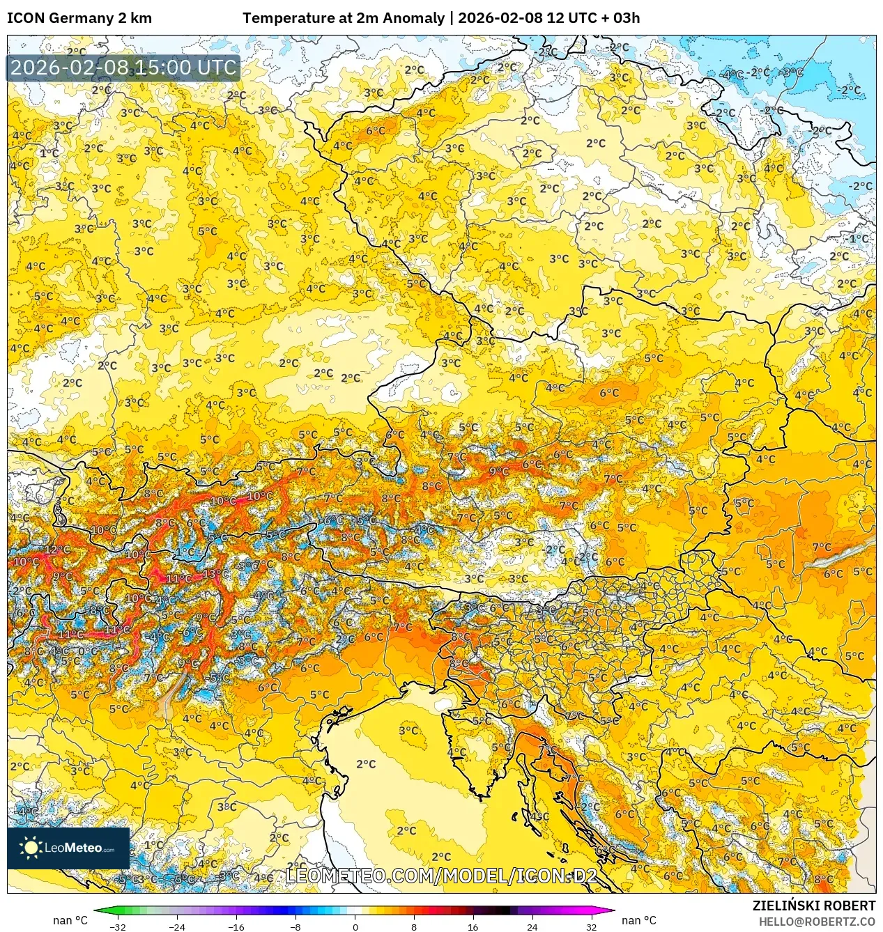 ICON Germany 2 km model - Austria, Temperature at 2m Anomaly
