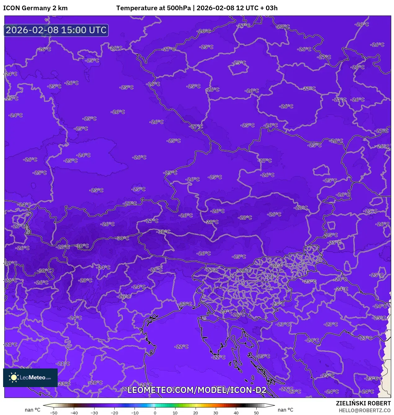 ICON Germany 2 km model - Austria, Temperature at 500hPa