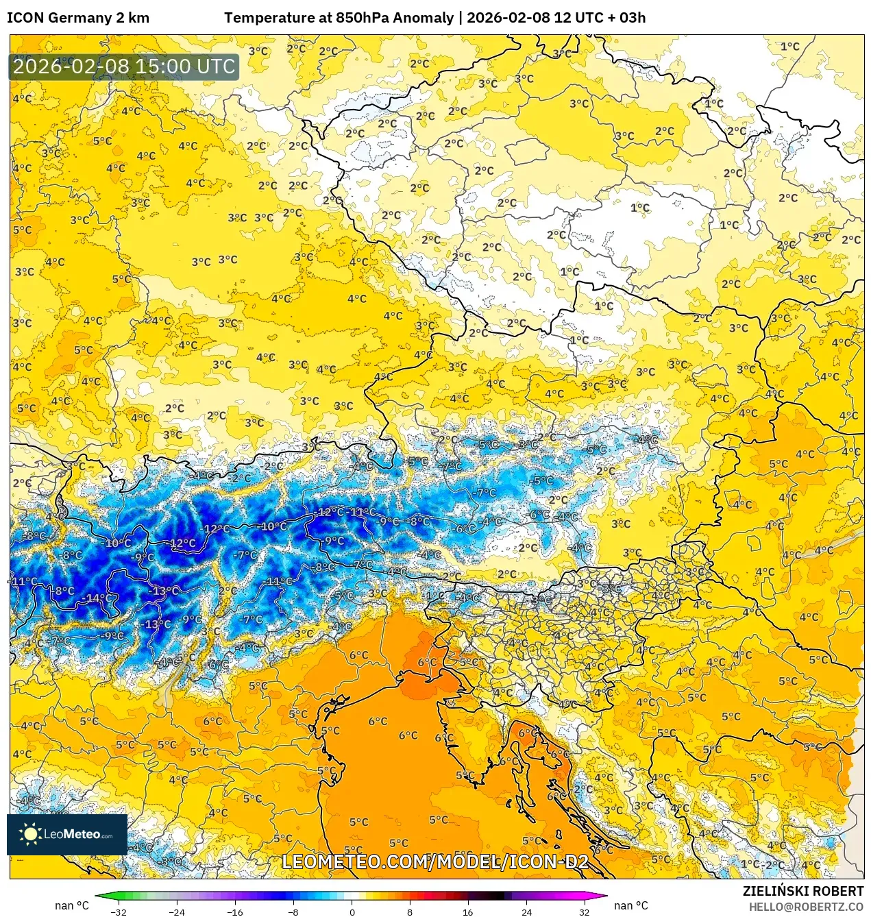 ICON Germany 2 km model - Austria, Temperature at 850hPa Anomaly