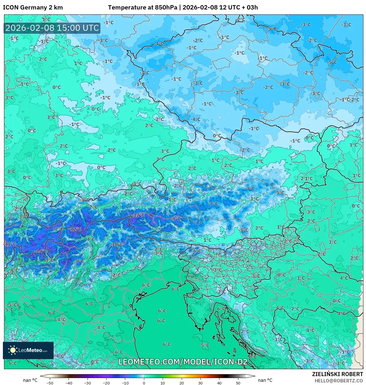 ICON Germany 2 km model - Austria, Temperature at 850hPa
