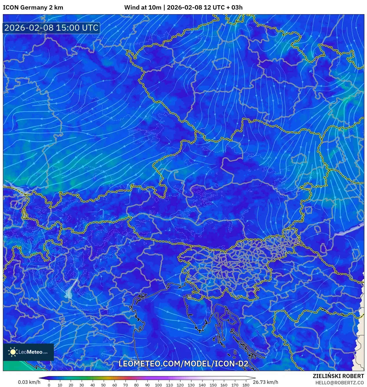 ICON Germany 2 km model - Austria, Wind at 10m