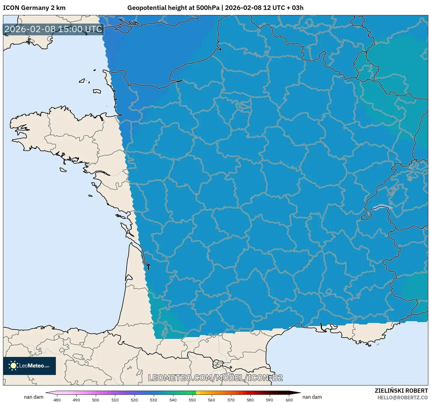 ICON Germany 2 km model - France, Geopotential height at 500hPa