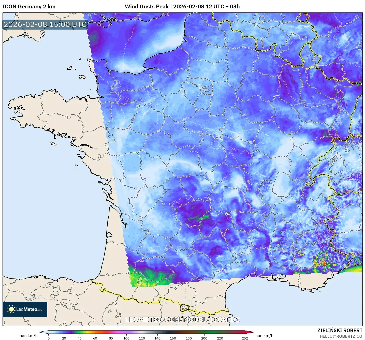 ICON Germany 2 km model - France, Wind Gusts Peak