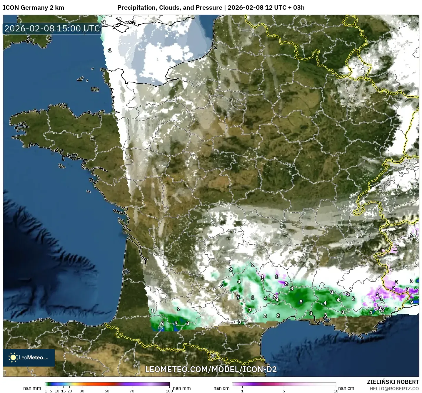 ICON Germany 2 km model - France, Precipitation, Clouds, and Pressure